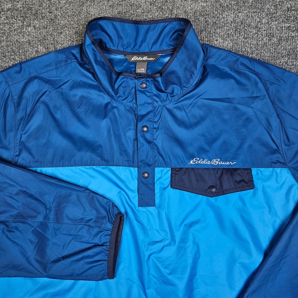 Eddie‎ Bauer Windbreaker Pullover Mens XXL Blue Colorblock Snap Neck Lightweight